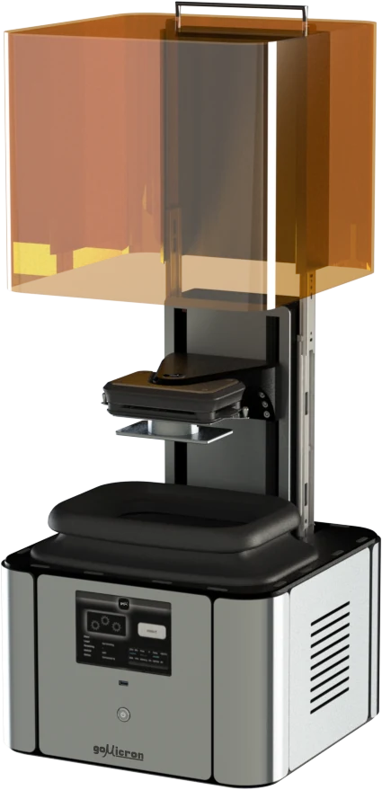 Gomicron M2 printer with its amber cover raised
