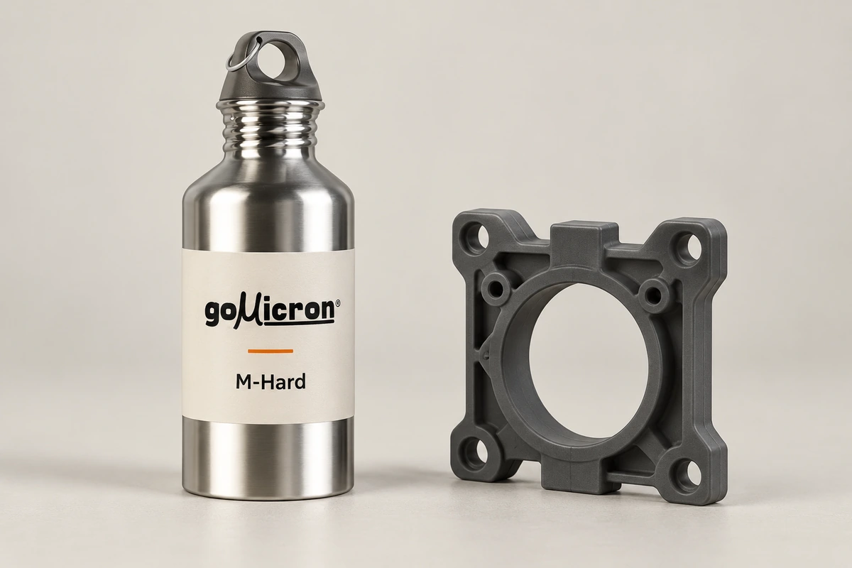 M-Hard resin bottle beside a rigid graphite mechanical mounting frame